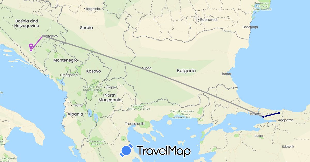 TravelMap itinerary: driving, plane, train in Bosnia and Herzegovina, Turkey (Asia, Europe)