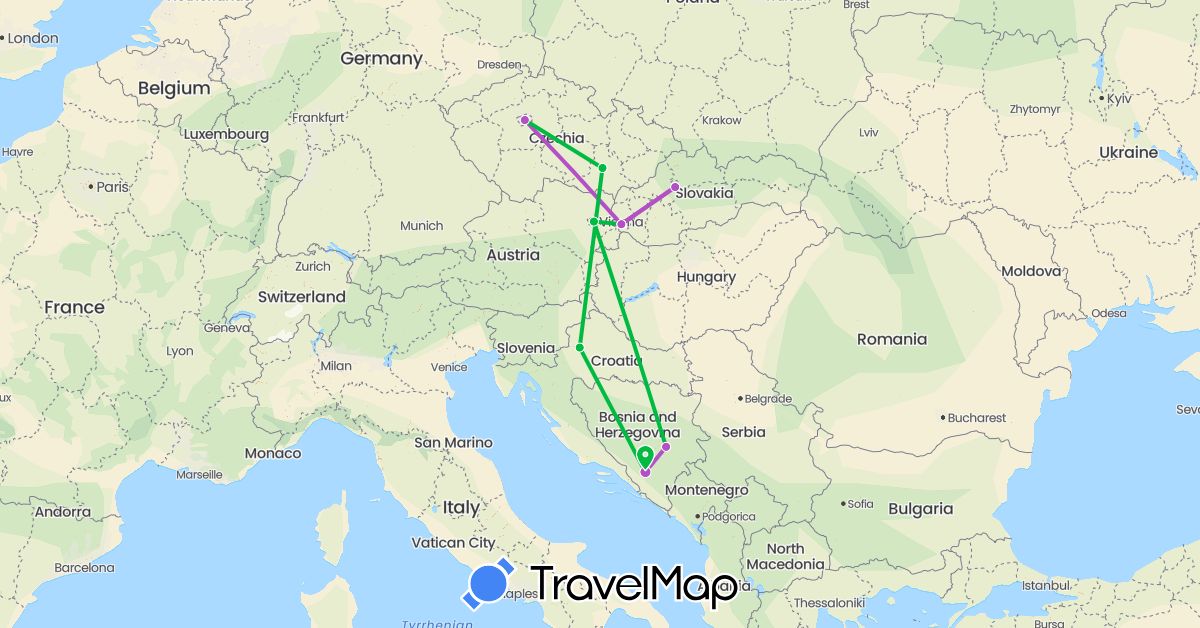 TravelMap itinerary: driving, bus, train in Austria, Bosnia and Herzegovina, Czech Republic, Croatia, Slovakia (Europe)
